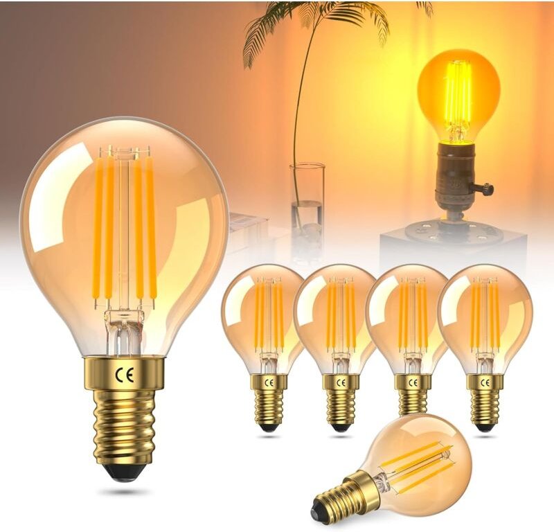 E14 4W LED-Glühbirne, Warmweiß 2200K, Bernsteinglas, 40W entspricht G45-Glühbirne, AC 220-240V, 6er-Pack