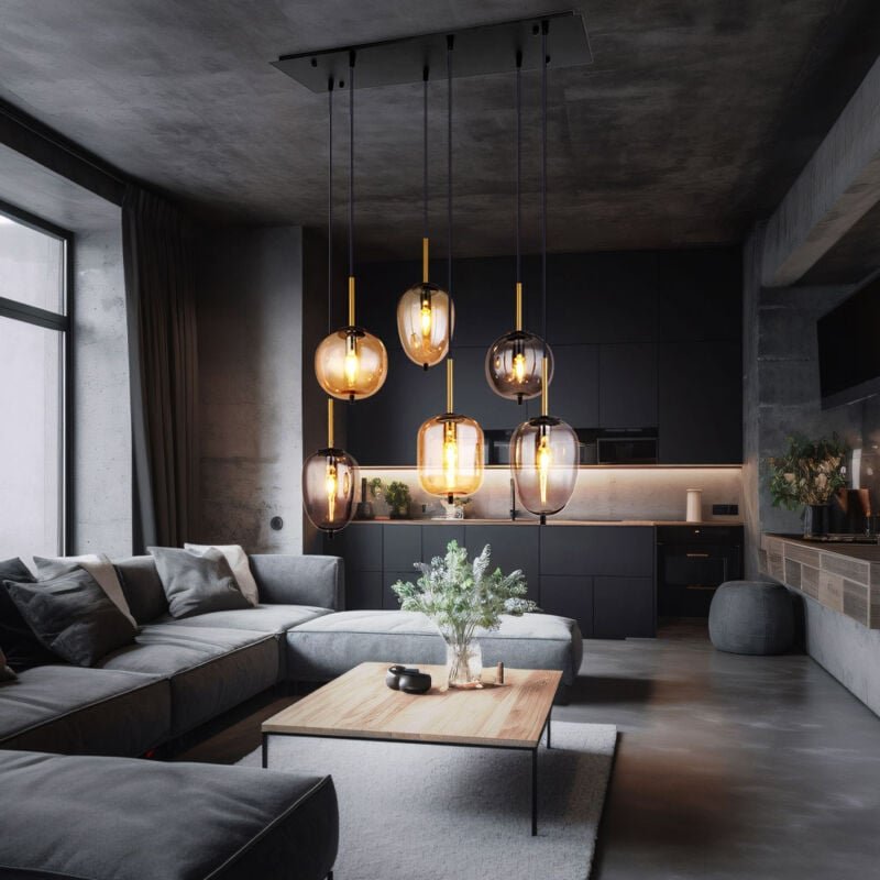 Hängeleuchte 6 Flammig Esszimmerleuchte Glas amber Wohnzimmerleuchte rauch, messing Metall schwarz, 6x 6W 6x 380lm warmw...