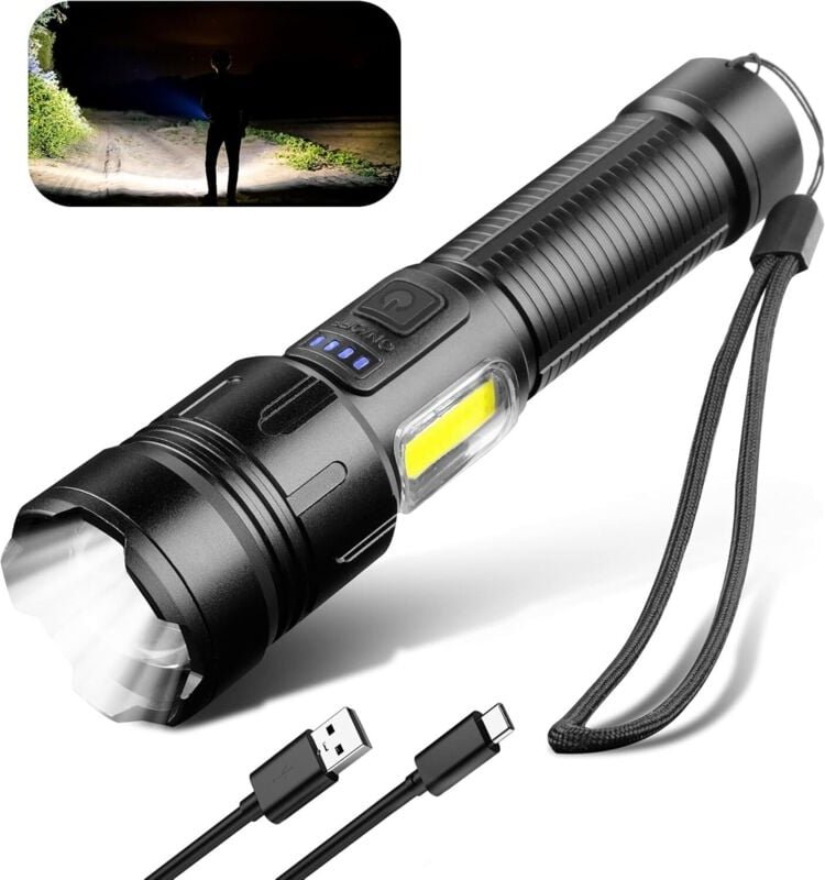 LED-Taschenlampen, 1000–1200 Lumen, ultrahell, COB, wiederaufladbar über USB, 3 Modi, tragbar, IPX4, wasserdicht, für Ca...