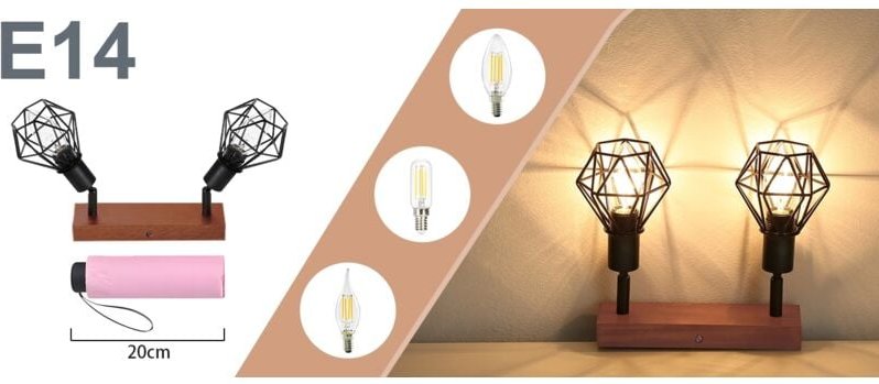 GBLY Deckenstrahler 2 Flammig Schwarz Vintage - Holz Denckenspots E14 Metall Deckenlampe Schwenkbar 350° Deckenleuchte f...