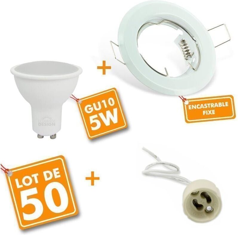 50 Spot LED encastrable complet blanc Fixe avec Ampoule GU10 5W Eq 50W Farbtemperatur: Warmweiß 2700K