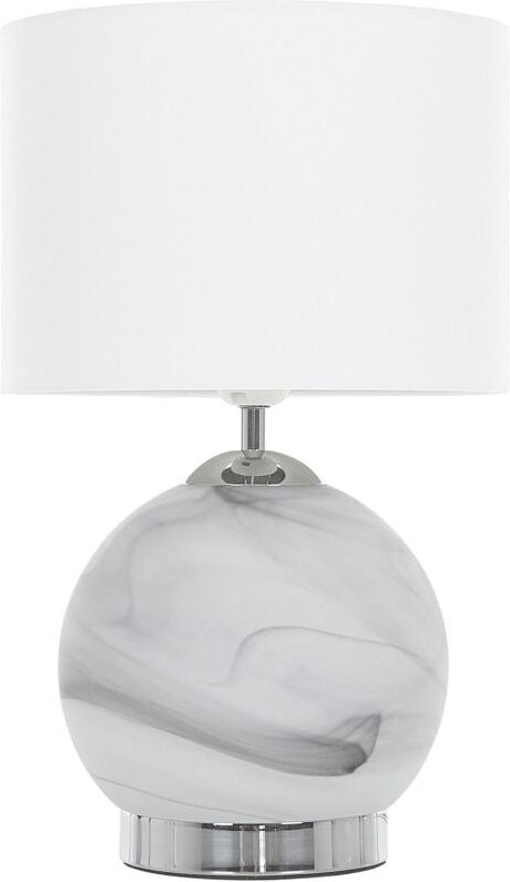 Tischlampe Weiß Metall und Glas 40 cm runder Stoffschirm Lampenfuß Marmoroptik langes Kabel mit Schalter Glamouröses Des...