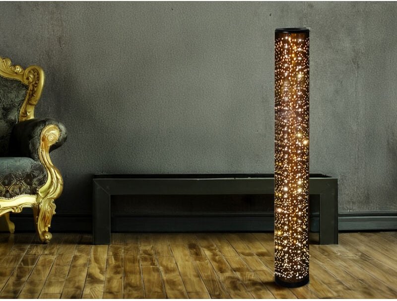 Kleine LED Stehlampe TACO mit Starlight Effekt, Stoff Schwarz Gold, Höhe 103cm