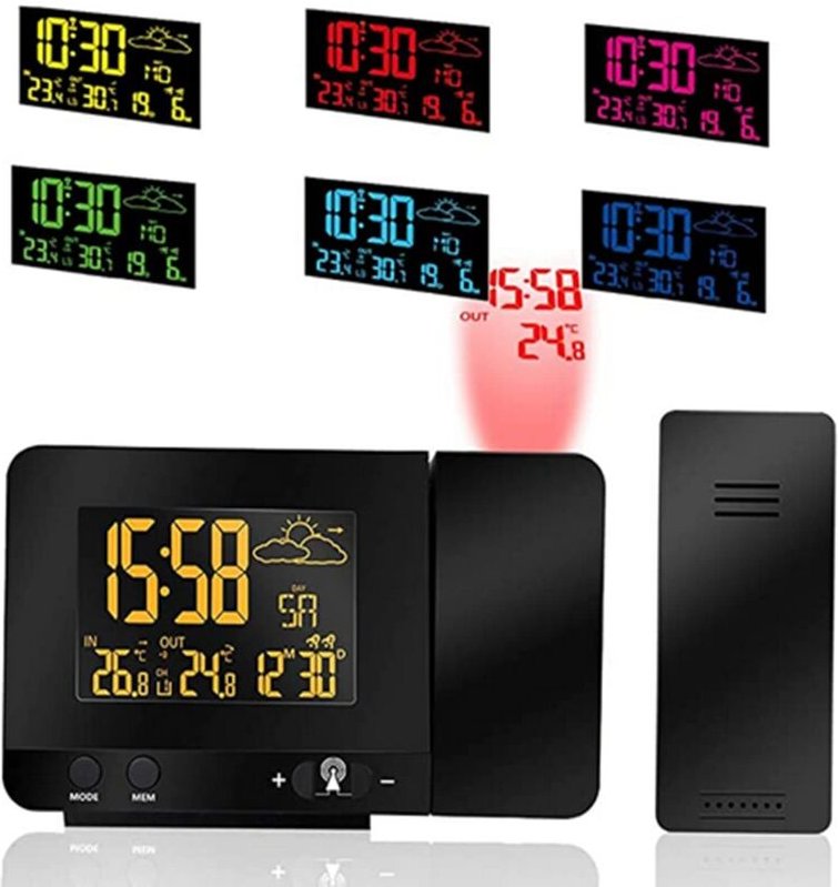 Digitaler Projektionswecker, Innen- und Außentemperatur, Wettervorhersage, 12/24-Stunden-Tagesdatumsanzeige, Schlummerfu...