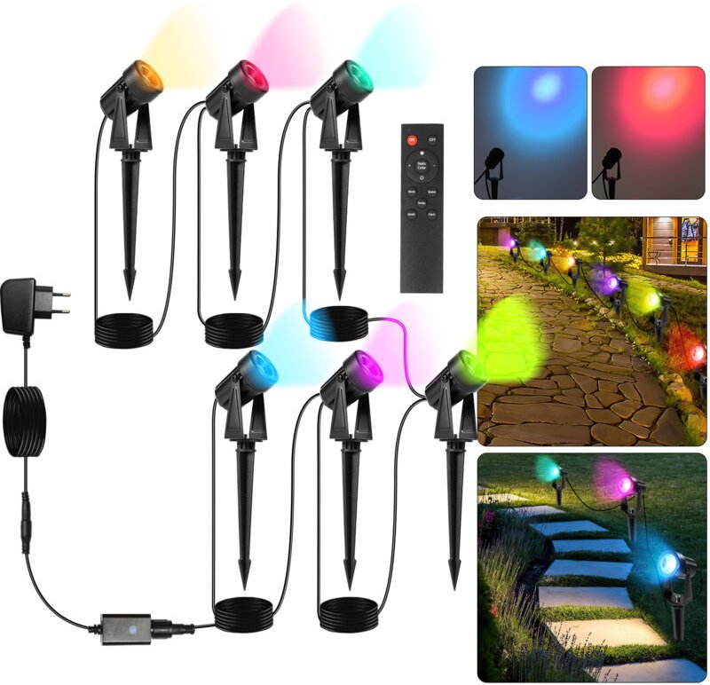 Wolketon LED Gartenstrahler mit Erdspieß 6er Set, Gartenleuchte Gartenbeleuchtung mit Stecker Wasserdicht IP65 RGB
