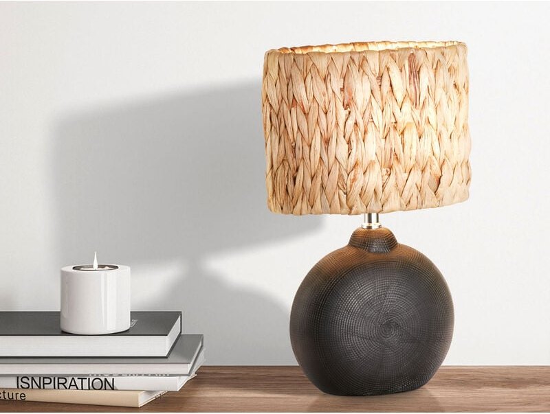 Meinewunschleuchte - led Tischlampe Keramikfuß Schwarz mit Seegras Lampenschirm, Höhe 38,5cm
