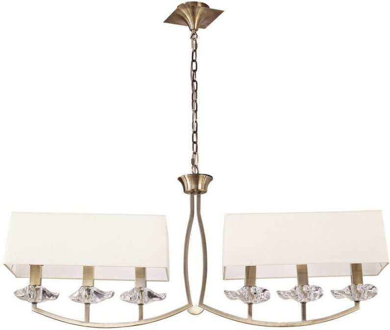 Inspired Mantra Akira Lineare Pendelleuchte, 2-armig, 6-flammig, E14, antikes Messing mit cremefarbenen Schirmen