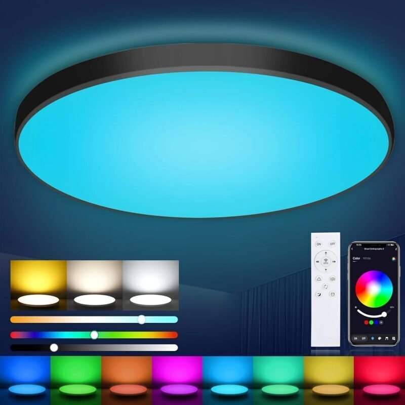 Runde, schwarze, flache, dimmbare LED-Deckenleuchte 36W mit Fernbedienung, RGB-Steuerung per App, 2700K-6500K Smart-LED-...