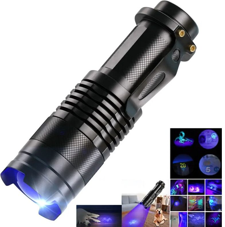 UV-LED-Taschenlampe, Mini-LED-Taschenlampe, 395 nm Schwarzlicht-Wellenlänge, violettes Licht, zoombar, Haustierurin-Dete...