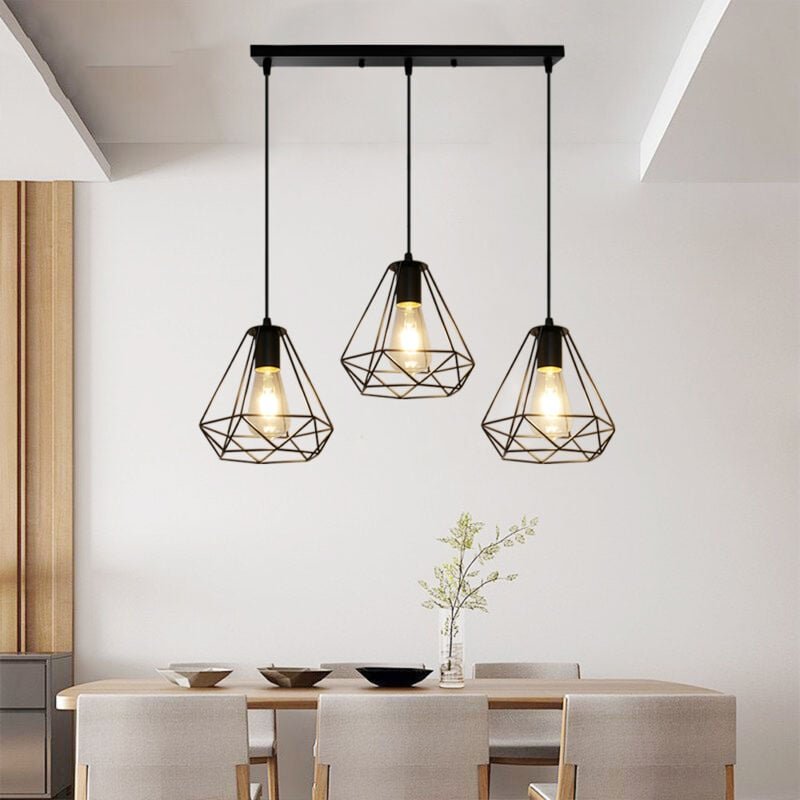 Pendelleuchten & Hängelampen 3 Flammig Vintage Ø20cm Diamant Form Kronleuchter mit Käfig E27 Fassung (Scharz)