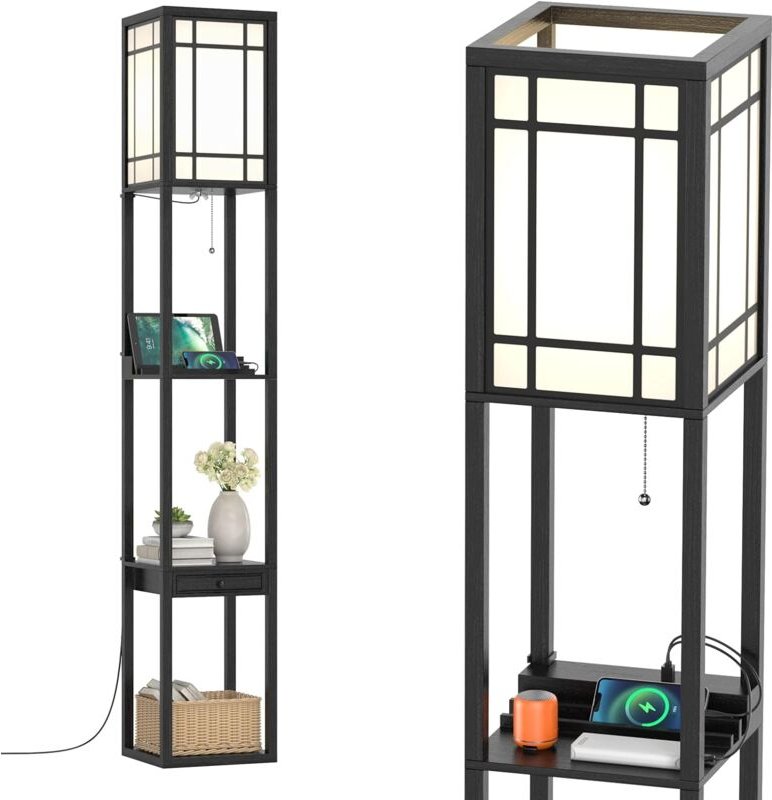 COSTWAY Lampadaire Etagère Salon 1,6M avec 2 Ports USB 1 Tiroir et 3 Etagères, Lampe sur Pied avec Douille E27 pour Cham...