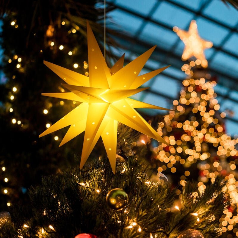 60cm 3D Papierstern Beleuchtet LED Stern Weihnachtsdekoration Fenster, Weihnachtsstern Hängend mit 18 Spitzen, Gelb