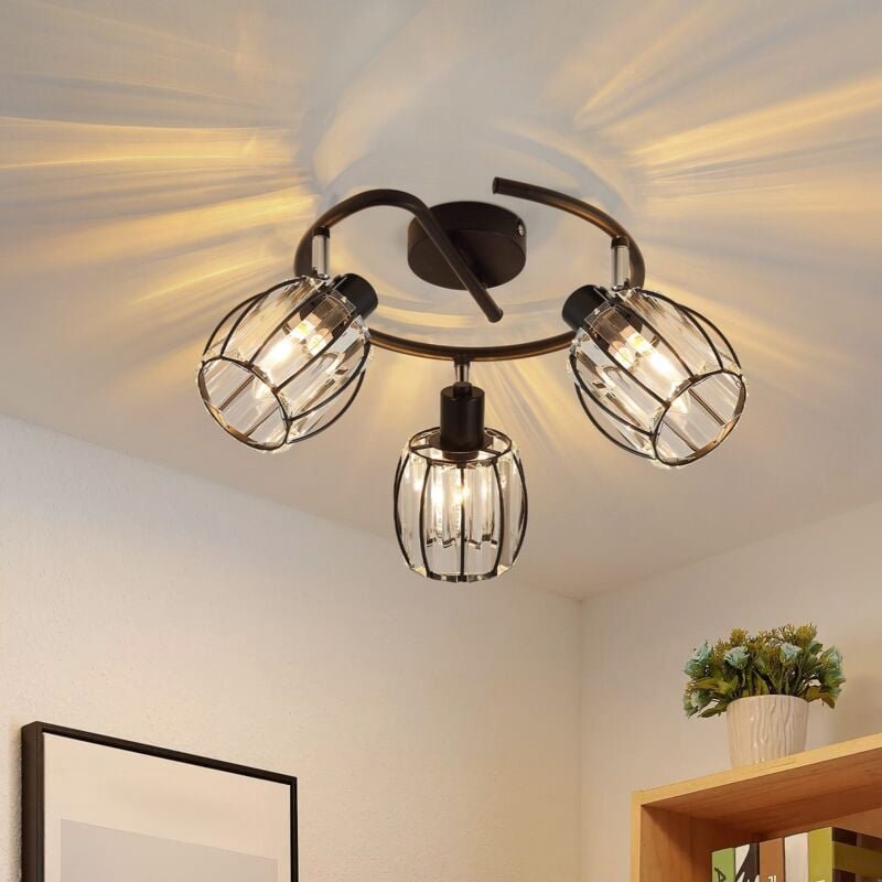 GBLY Deckenstrahler 3 Flammig Deckenlampe Vintage - Deckenspot Kristall Lampenschirm Schwarz Rund Retro Strahler E14 Sch...