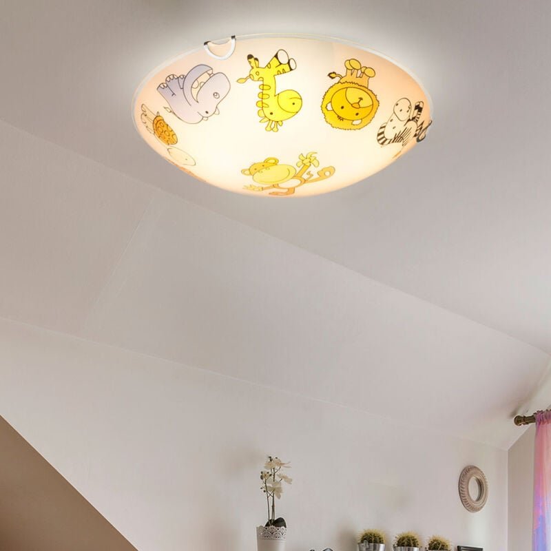 Globo Lighting - Kinderleuchte Deckenlampe Glas Kinderzimmerlampe rund, Glas bunt mit Tiermotiven, 2x E27, DxH 30x6,5 cm