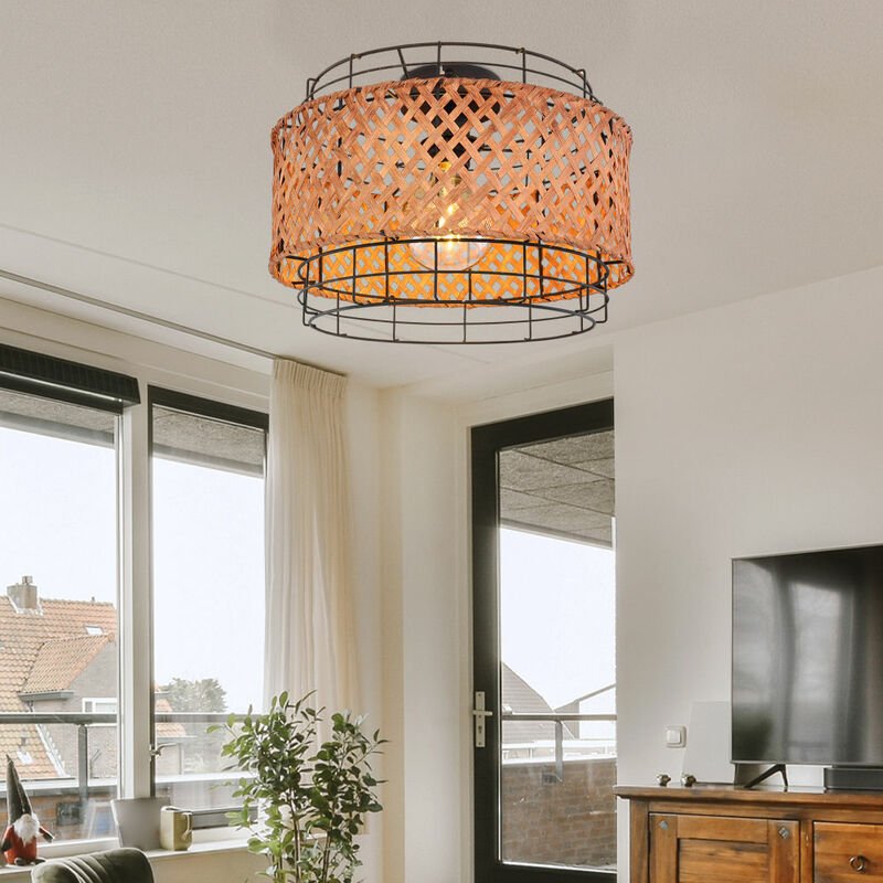 Globo Lighting - Deckenleuchte Metall schwarz rund Esszimmer Käfig Lampe Beleuchtung Deckenlampe mit Bambusschirm, Gitte...