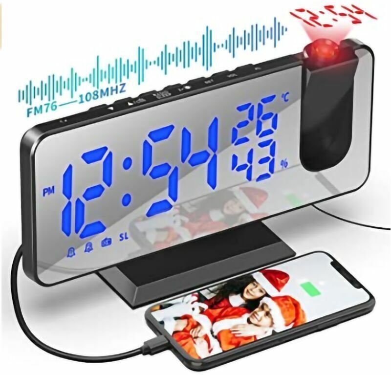 Tigrezy - Deckenprojektor-Wecker – mit 7,5-Zoll-Rückspiegelbildschirm – USB-Anschluss