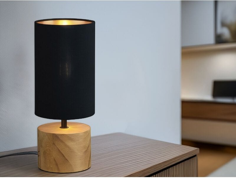 Tischlampe woody mit Holzfuß & Stoffschirm Schwarz Gold, Höhe 30cm