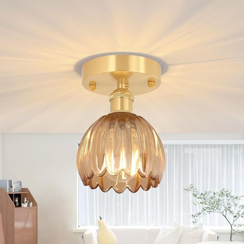 Retro-Deckenleuchte komplett aus Kupfer und Glas, verziert mit kleinen bernsteinfarbenen Blüten, ideal für Schlafzimmer,...