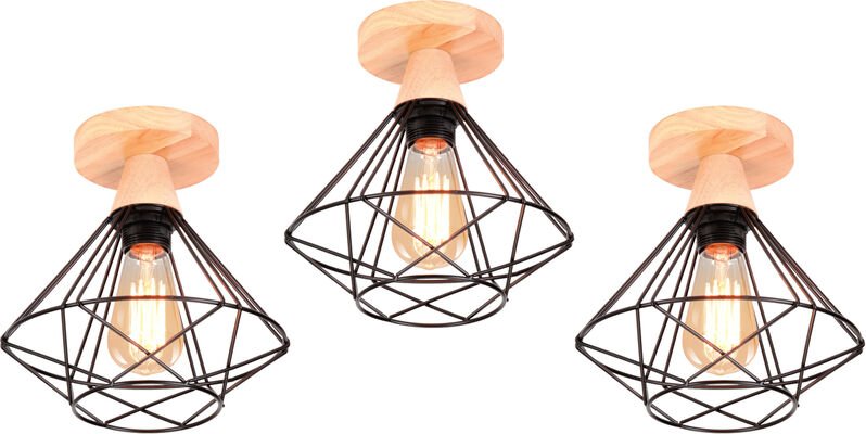 3x Industriell Metall Hölzern Deckenlampe Design in Rautenform Lüster E27 Kronleuchter für Wohnzimmer Korridor Flur Dach...