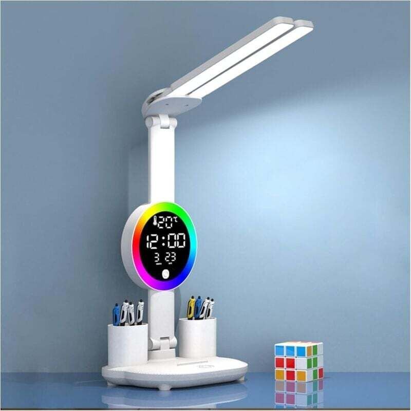 Kabellose Kinderschreibtischlampe mit Uhr – Dimmbare LED – 3200 mAh – Stifthalter – LCD-Bildschirm – Kalender – Temperat...
