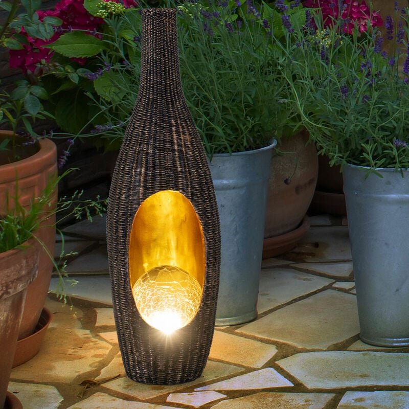 Solarleuchte Rattan-Optik goldfarben mit Glaskugel Solarleuchte Gartendeko für Außen Deko Design, Crackle braun, LED war...