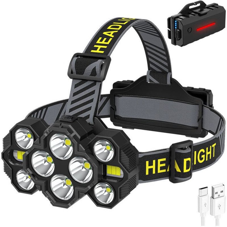 LED-Stirnlampe, 10.000 Lumen, wiederaufladbar, mit 10 LEDs, 10 Leuchtmodi, wasserdicht (IPX4), 90° verstellbarer Abstrah...