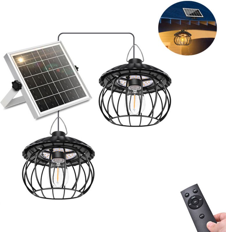 Doppelkopf-Solarlaterne, wasserdicht, mit Timer, mit Fernbedienung, geeignet für Innenhöfe und Pergolen (weißes Licht).