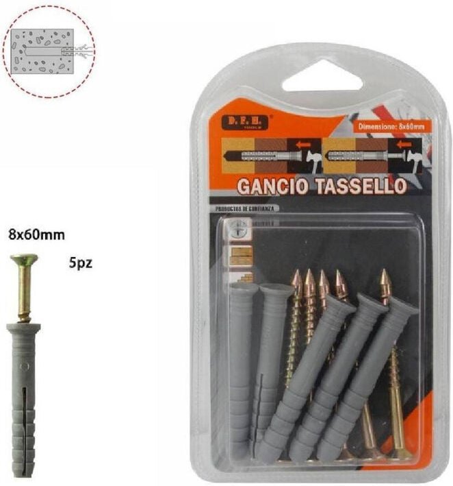 Trade Shop Traesio - Trade Shop - 5er-Set Fisher-Dübel, Schrauben, Nägel, Haken, Dübel, Größe 8 x 60 mm, 69053 -