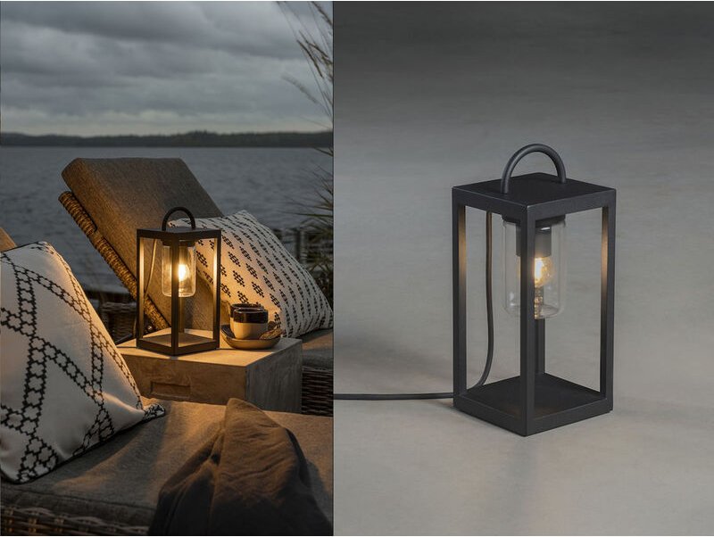 Meinewunschleuchte - Kleine led Tischleuchte Schwarz aus Stahl mit Klarglas, Höhe 33cm