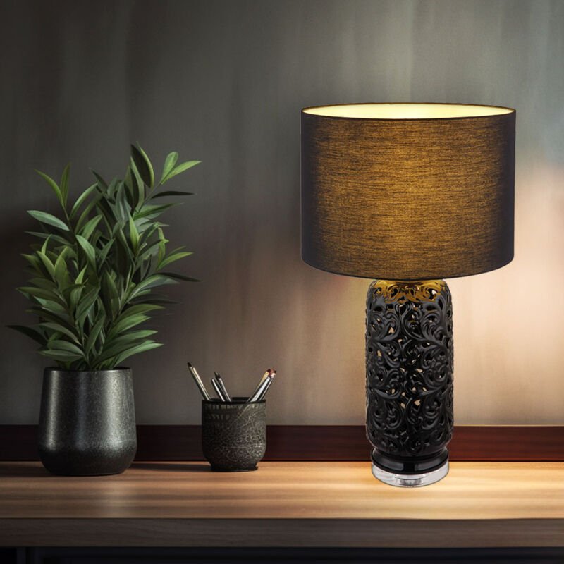Tischleuchte Beistelllampe Nachttischlampe Keramik Textil schwarz Chrom h 71 cm
