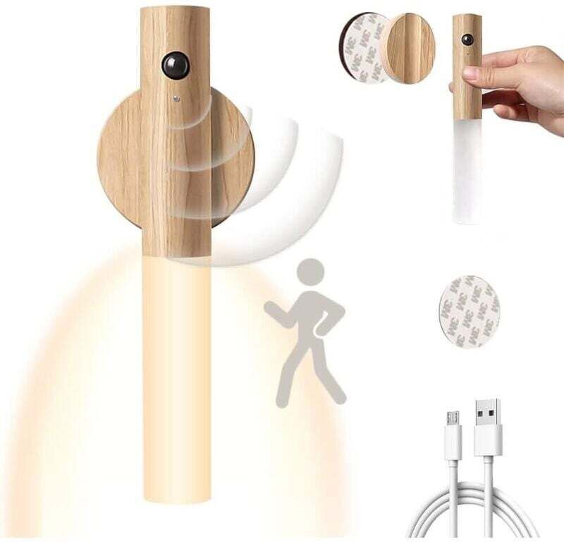 Lampe murale d'intérieur en bois rechargeable par USB avec détecteur de mouvement, alimentée par batterie, lumière blanc...