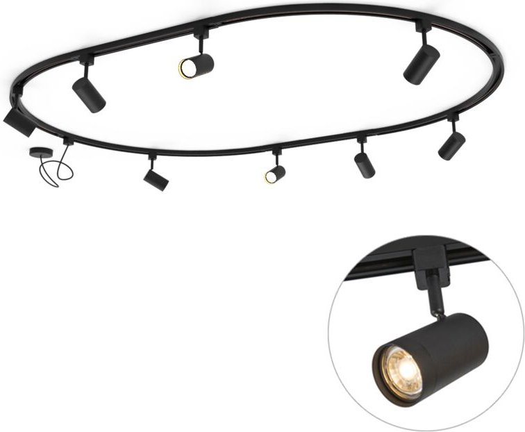 Modernes Schienensystem mit 8 schwarzen Strahlern, 1-phasig, oval, 200cm - Iconic Jeana