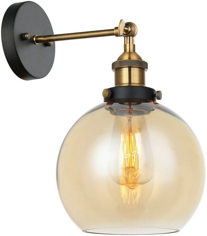 Cardena - Industrie- und Retro-Wandleuchte Schwarz, Gold 1 Licht mit Bernsteinschirm, E27 Dimmbar - Italux