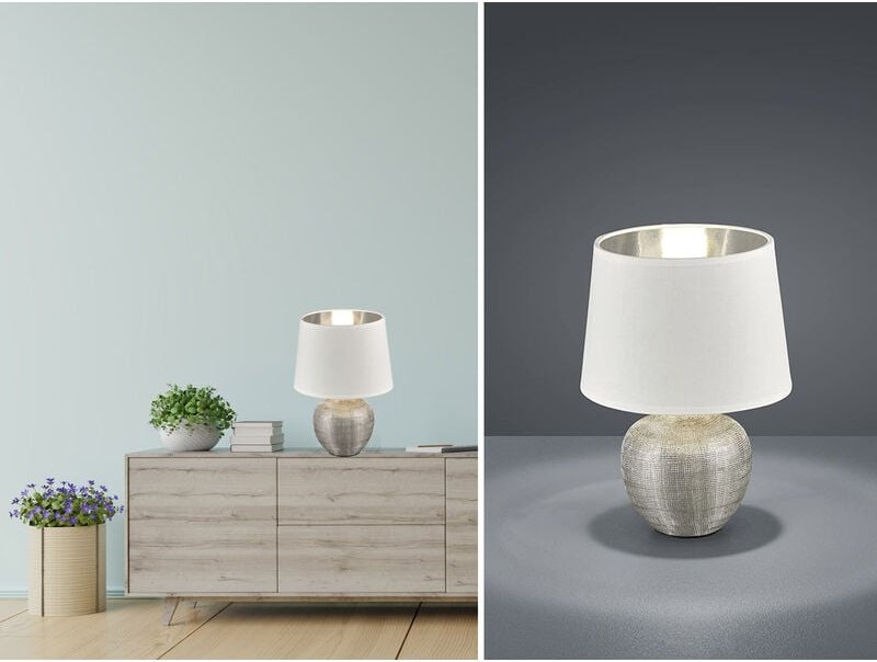 Meinewunschleuchte - led Tischleuchte Keramik mit Stoffschirm Weiß innen Silber, Höhe 26cm