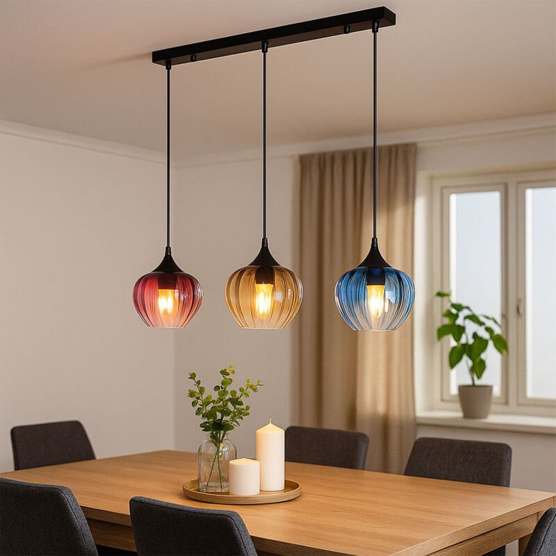 Hängelampe 3 flammig Esszimmerleuchte Pendellampe Retro Glas Wohnzimmerlampe, Rot Amber Blau, 3x E27, LxH 80 x 150 cm
