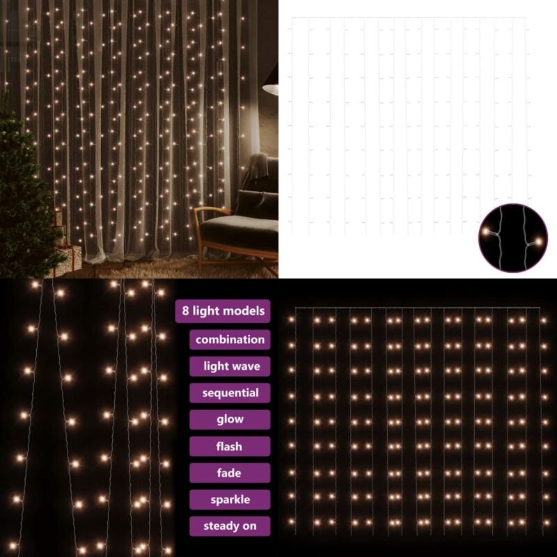 LED-Lichtervorhang 3x3 m 300 led Warmweiß 8 Funktionen - LED-Vorhang - Lichterketten - Weihnachtsdeko - Indoor Beleuchtu...