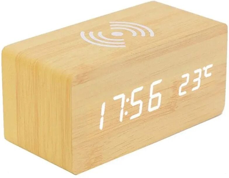 Reloj despertador digital con termómetro y LED de madera, con cargador inalámbrico, para dormitorio y oficina.