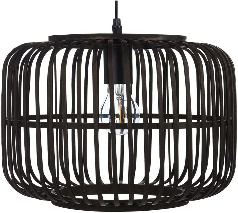 Hängeleuchte Schwarz Rattan mit Rundem Schirm Trommelform Langes Kabel Boho Stil für Esstisch Wohnzimmer Flur Wohnküche