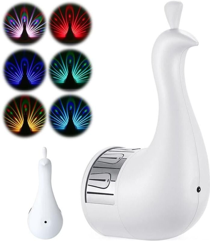 Pfauen-Wandleuchte, 7-farbige LED-Projektionslampe mit wiederaufladbarer USB-Fernbedienung, Nachtlicht für die Inneneinr...