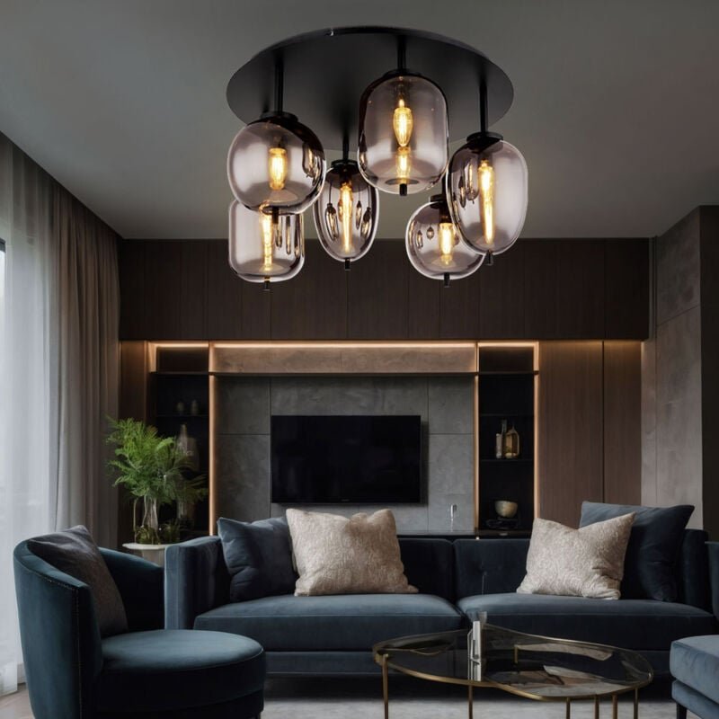 Deckenleuchte Deckenlampe Esszimmerlampe Glas rauchfarben 6 flammig, Metall schwarz, 6x E14 Fassungen, DxH 65x38cm