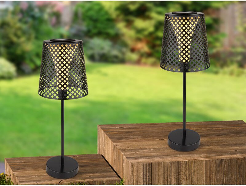 Meinewunschleuchte - Große Solar Tischleuchten 2er set mit gestanztem Metallschirm schwarz, Höhe 50cm