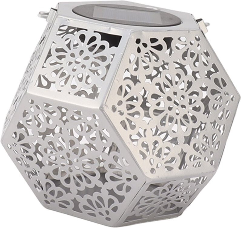 LED-Solarlaterne, wunderschöne, durchbrochene Hängelaterne, silbernes Polygon, umweltfreundlich für den Garten