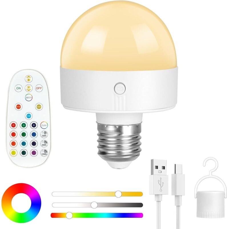 Kabellose E27 LED-Lampe mit Fernbedienung, wiederaufladbar, Touch-Funktion und einstellbarer Helligkeit, ideal für Schla...