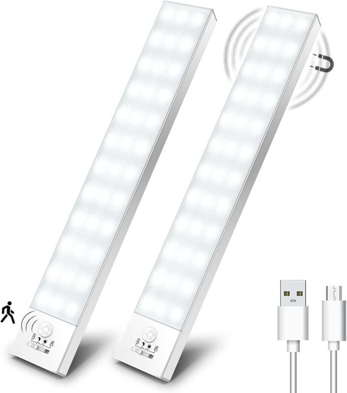 Set mit 2 LED-Schrankleuchten, USB-aufladbar und kabellos, mit Bewegungsmelder, für Küche, Büro, Treppenhaus und Flur