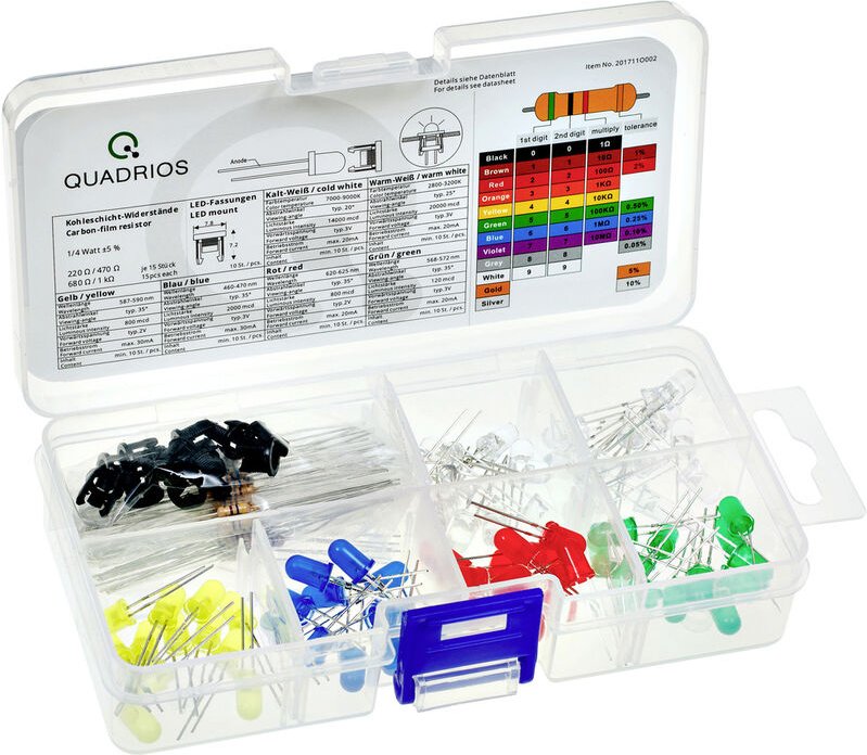 Quadrios LED-Sortiment Rot, Grün, Gelb, Blau, Kaltweiß, Warmweiß 5 mm 20 mA, 30 mA 2 V, 3 V