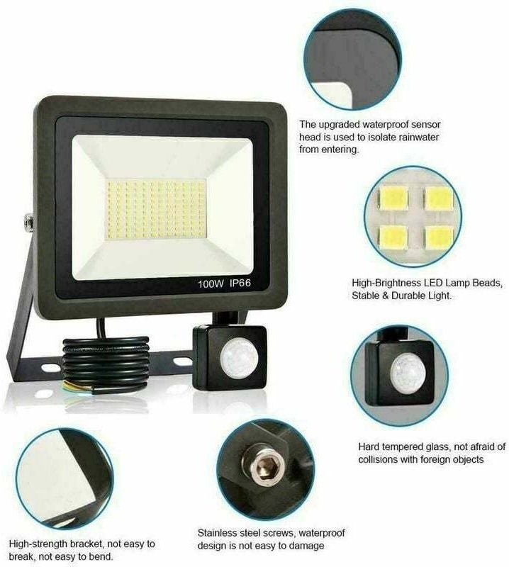 LED-Außenstrahler – 100 W – mit Bewegungsmelder – IP65 wasserdicht – 60.000 lm – Kaltweiß – Beleuchtung für Garten, Gara...