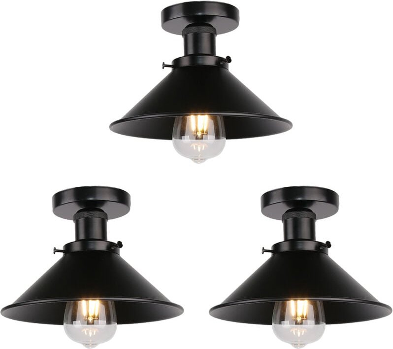 Deckenleuchte Vintage Retro Deckenlampe Industriell Eisen Lampenschirm Hutform 22cm Alles Schwarz 3PCS