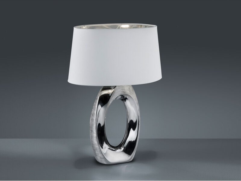 Reality Leuchten - Große Tischleuchte taba Keramik Silber - Stoffschirm Weiß, Höhe 52cm