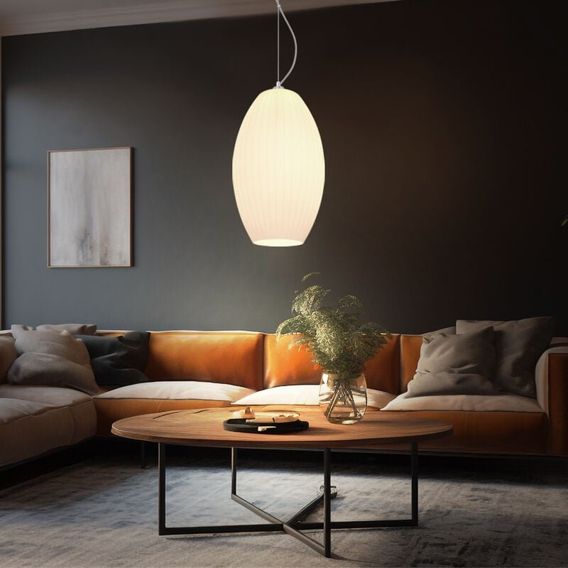 Hängeleuchte Pendellampe Pendelleuchte Glasschirm opal Schirmleuchte Esszimmerlampe Küche, Metall Glas gestreift weiß op...