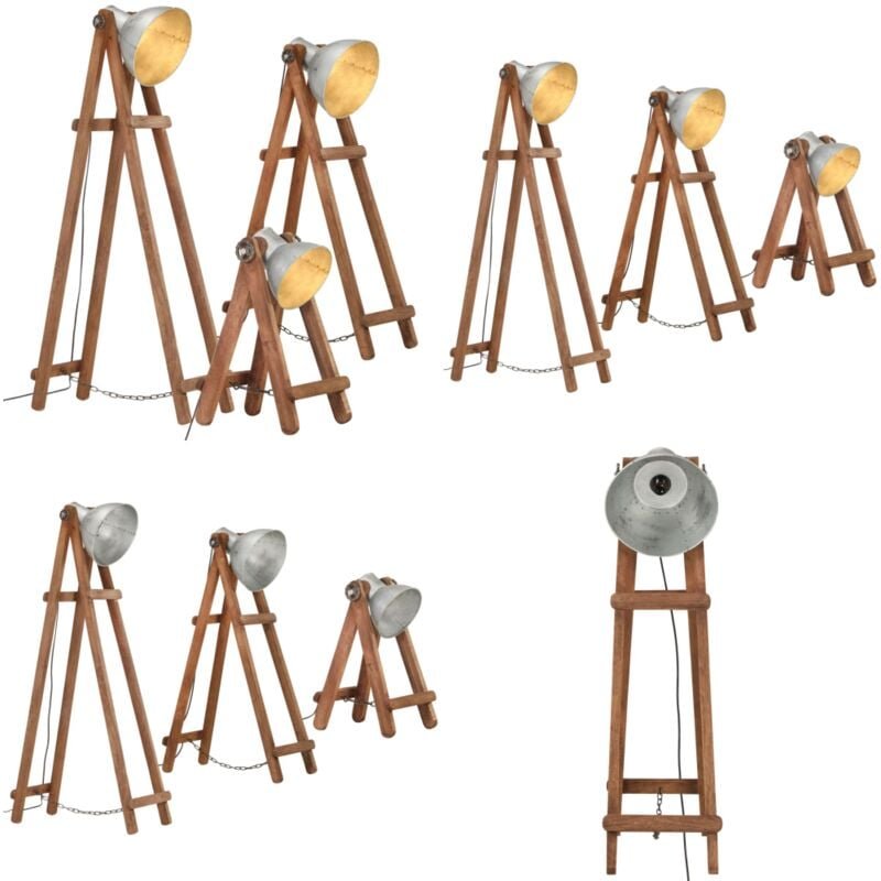 Stehlampen 3 Stk. Silbern E27 Mango Massivholz - Vintage Lampe - Stehlampe Set - Industrielle Deko - Holzstelenleuchte -...